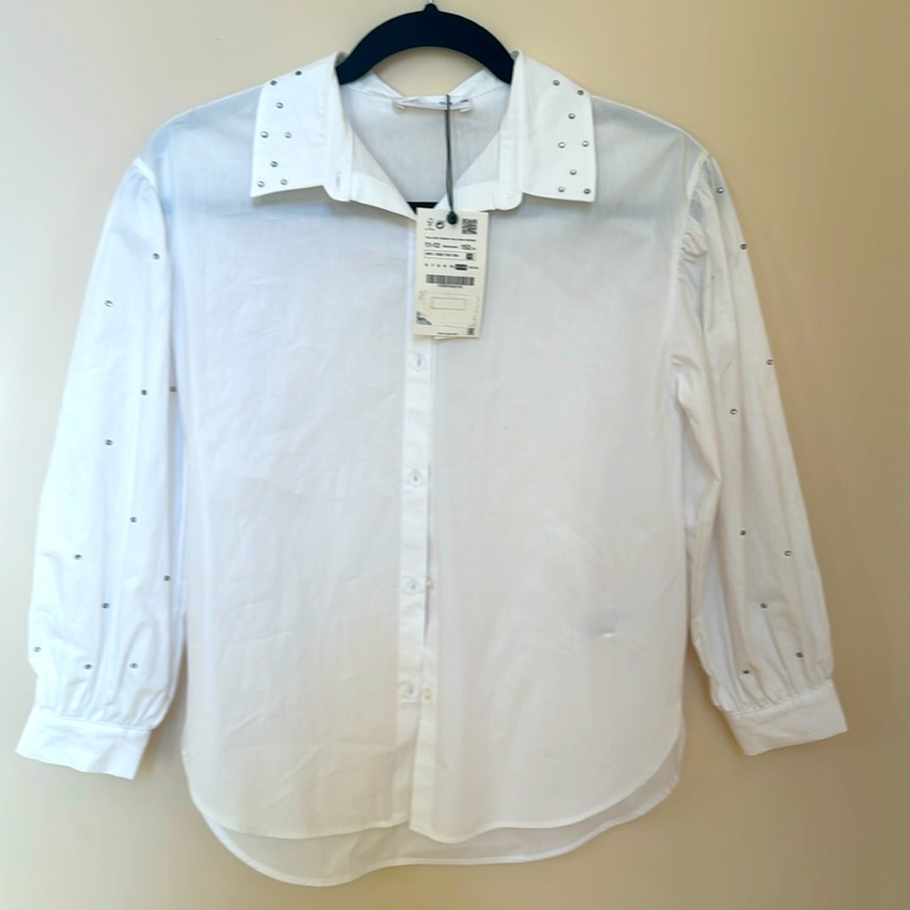 NEW Girls Zara Size 11-12 White Button Down Woven Shirt with Studs